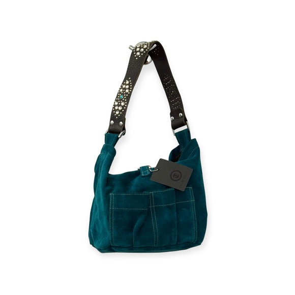 new Tylie Malibu ᪣ Utility Suede Hobo Bag ᪣ Crystal Embellish Strap ᪣ Teal Blue - Picture 3 of 16